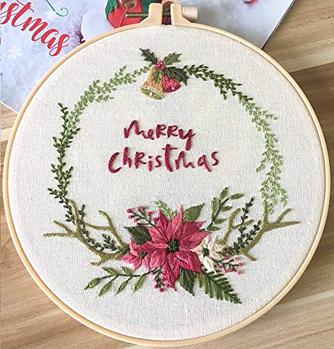 Image of Awesocrafts Embroidery Kit Flowers Xmas Merry Christmas Full Range of Embroidery Starter Kits for Beginners Adults DIY Handmade Easy Patterns (Xmas)