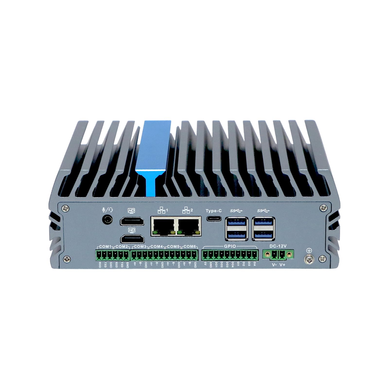 Base DIN Rail Industrial Embedded Computer, N100, Windows 11 / Linux Ubuntu, IX19, 2 x HDMI, 2 x LAN, 12V 2-pin Phoenix Terminal, Expandable CAN COM GPIO, 16G RAM, 256G SSD