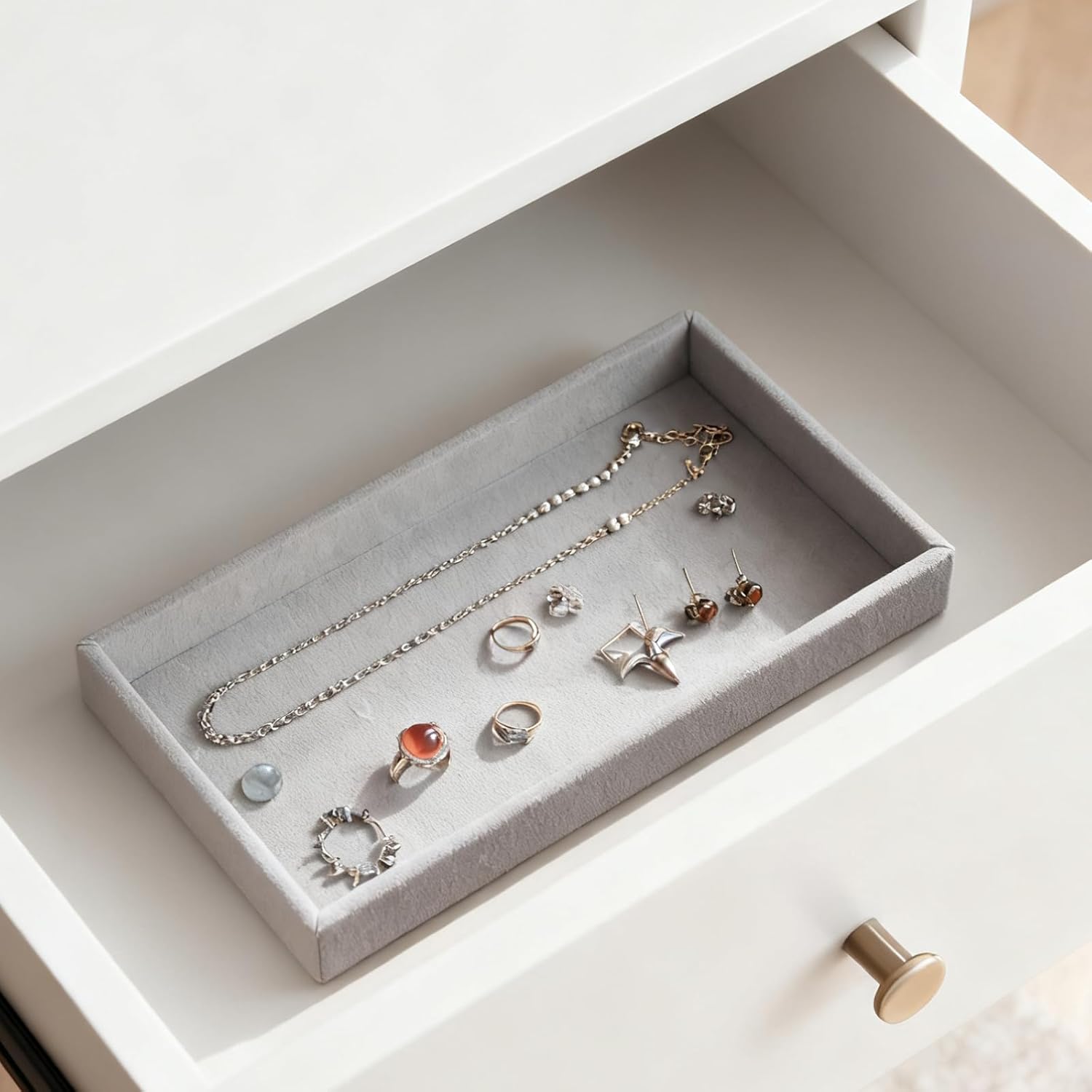 JEUIHAU 15 Pack Velvet Jewelry Organizer Trays, 8.3 x 5 Inch Stackable Drawer Inserts, Jewelry Storage Trays for Earrings Rings Necklaces, Gray