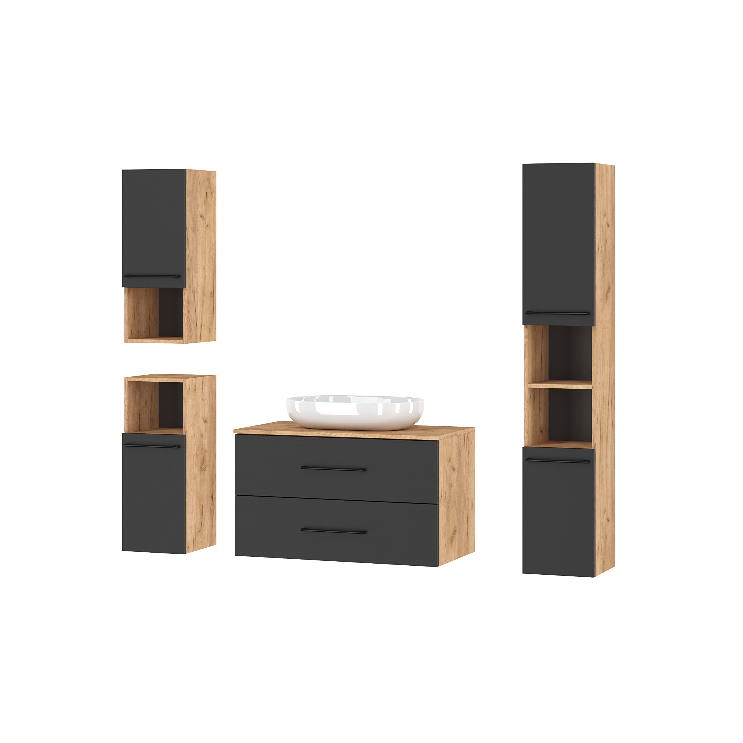 Planetmöbel Badmöbel Komplettset 90 cm Gold Eiche/Anthrazit, Waschtischunterschrank mit Aufsatzwaschbecken, 2X Midischrank und Hochschrank LUX 30 cm