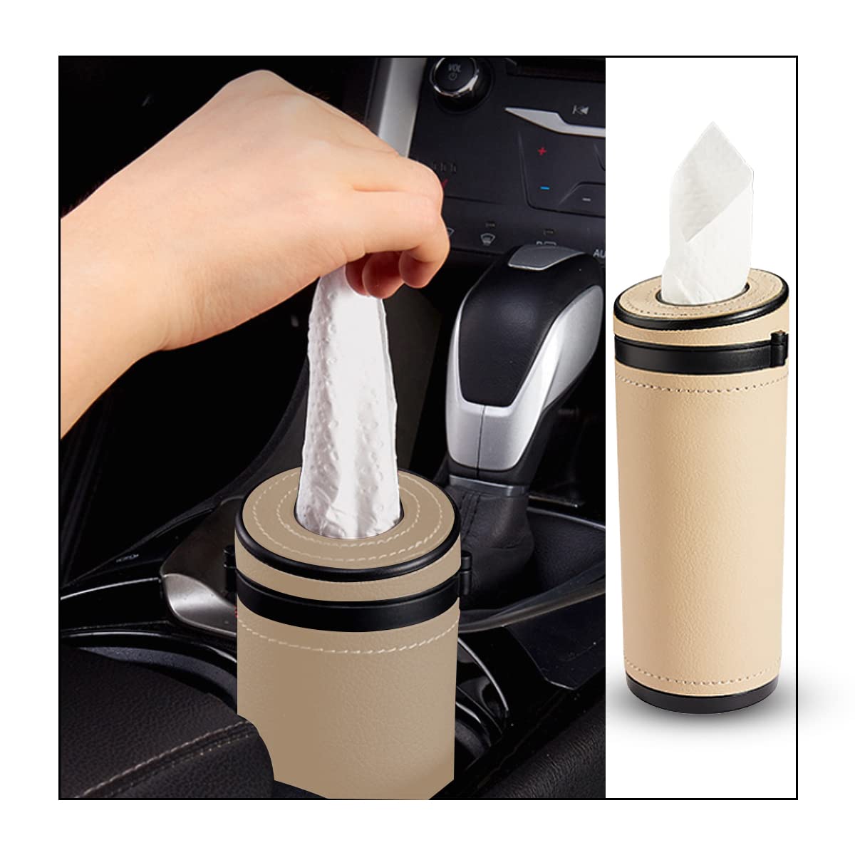 Moioee Car Tissue Holder, Cylinder Tissue Box with Window Breaker, PU Leather Round Tissues Container for Auto Cup Holder, Travel Facial Tissues