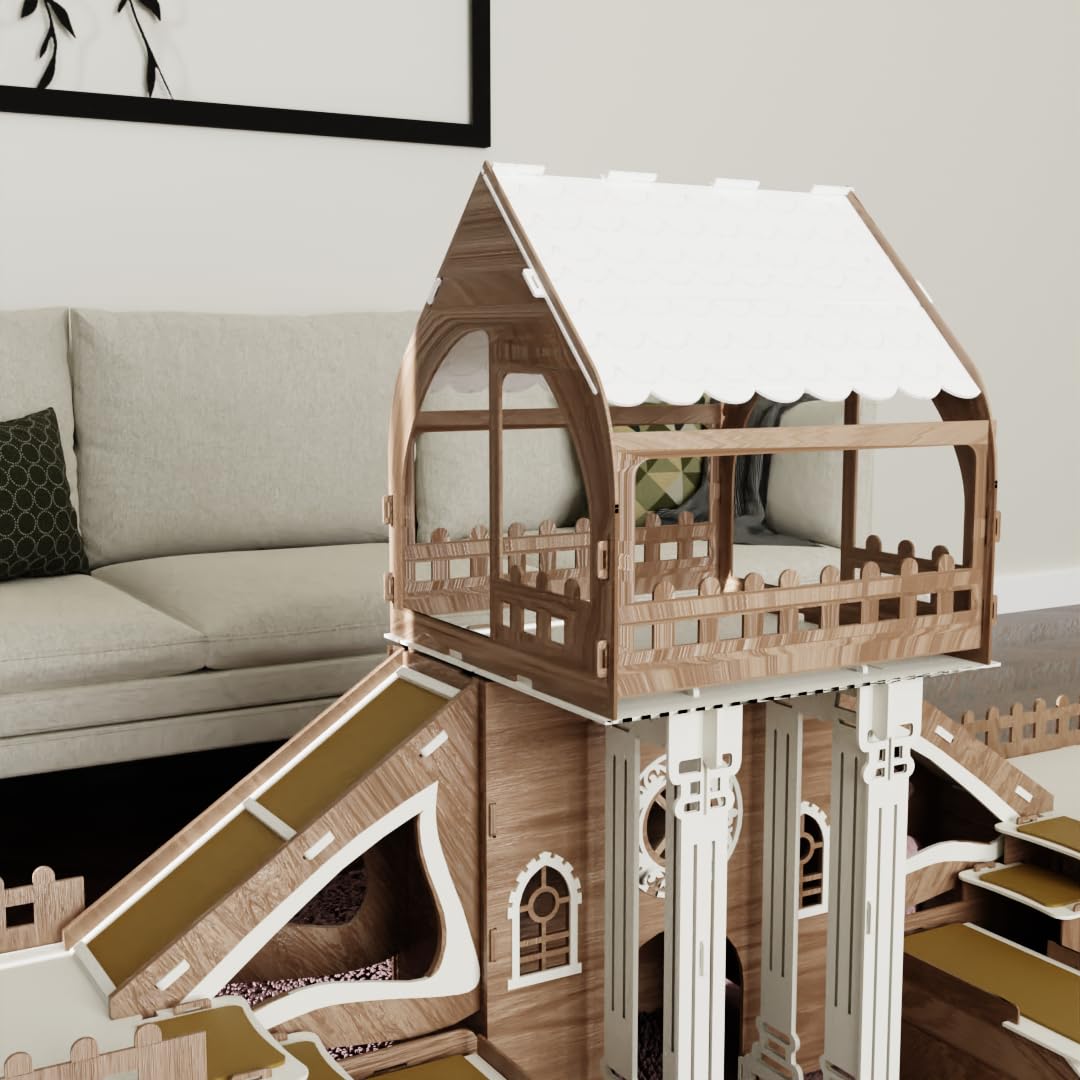 Colony Kaninchenhaus – 3 Etagen mit Terrasse & Holzbrücke – Für 4 Kaninchen geeignet – Indoor Stall aus Holz – Mit Rampen & Kissen – Modernes Kleintiermöbel (Eiche-Weiß, N)