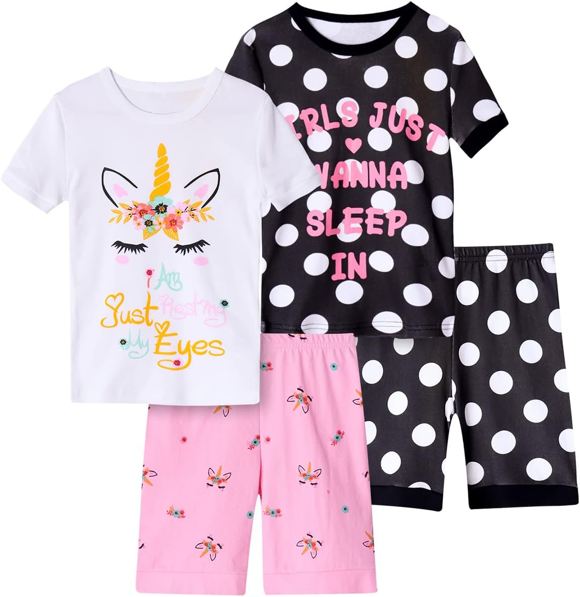 Girls Pajama Set, 4-Piece Cotton Pajamas Short Summer PJs Kids Sleepwear