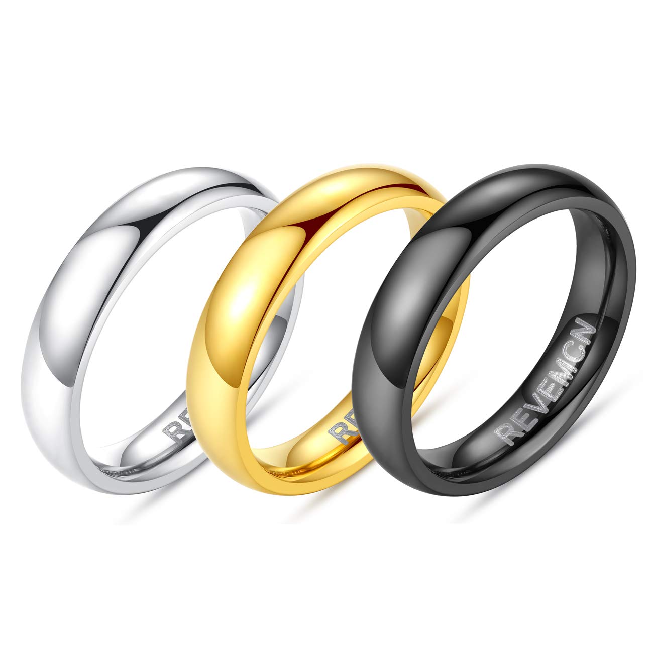REVEMCN2mm 3mm 4mm 5mm 6mm Stainless Steel Plain Dome High Polished Wedding Band Ring for Men Women 3 Color a Set