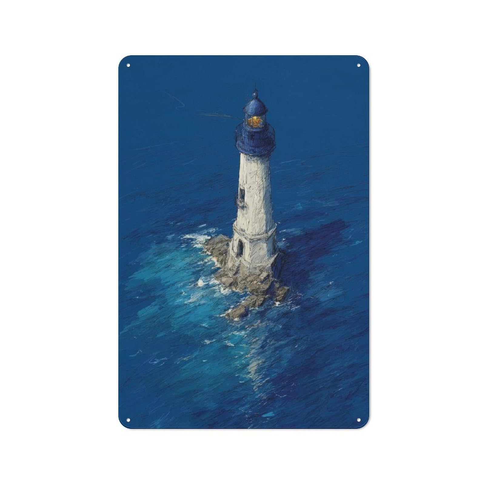Lighthouse in The Ocean Deep Blue Lighthouse at Sea Dramatic Coastal Art Rustic Tin Sign 30x20cm for Café Or Home Bar, Suited to Hospitality Decor Collectors