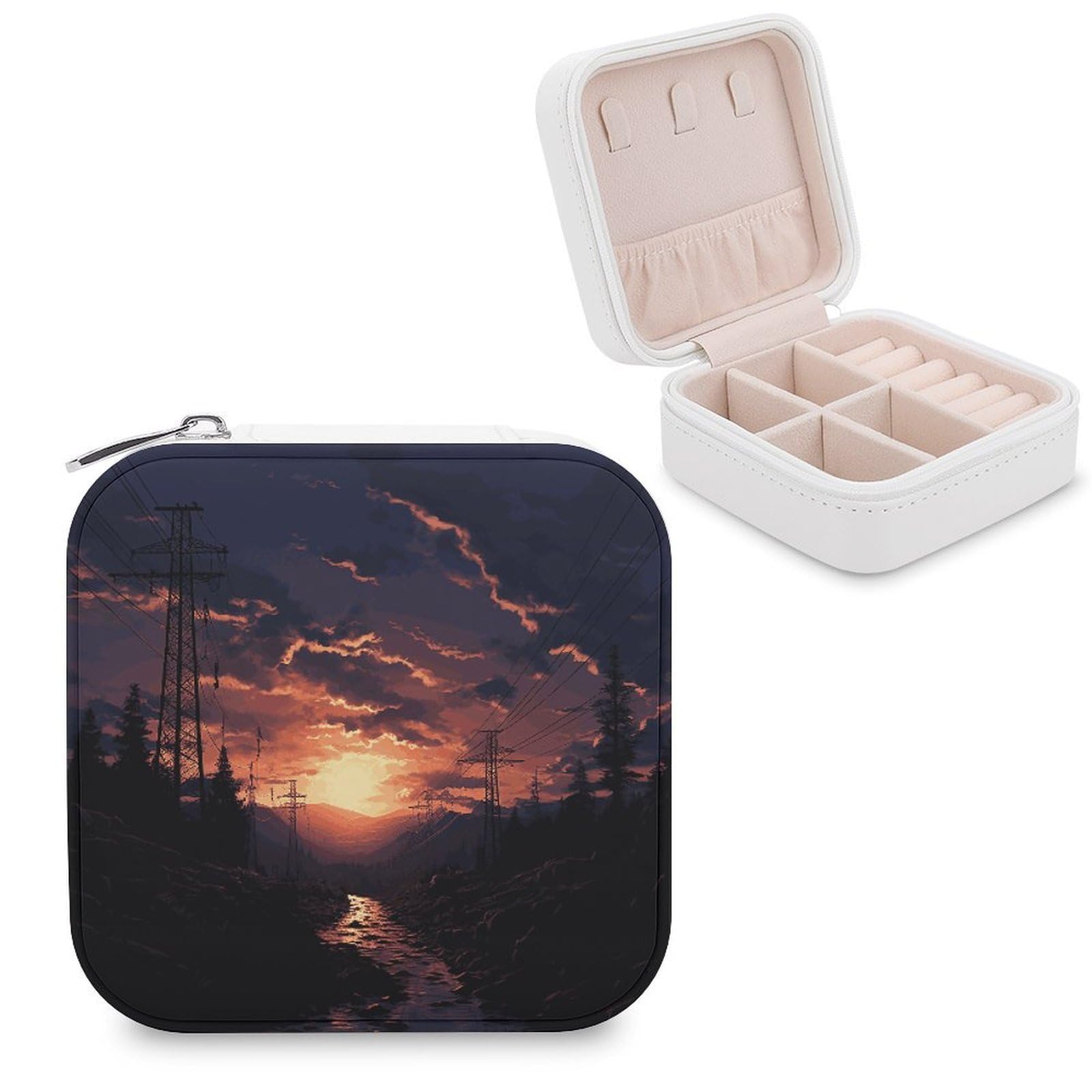 JTREHY Dusk Scenery Jewelry Box Personalized PU Jewelry Box Exquisite Jewelrys Organizer Case Small Portable Jewellery Storage Holder for Rings Earrings Necklaces Gifts