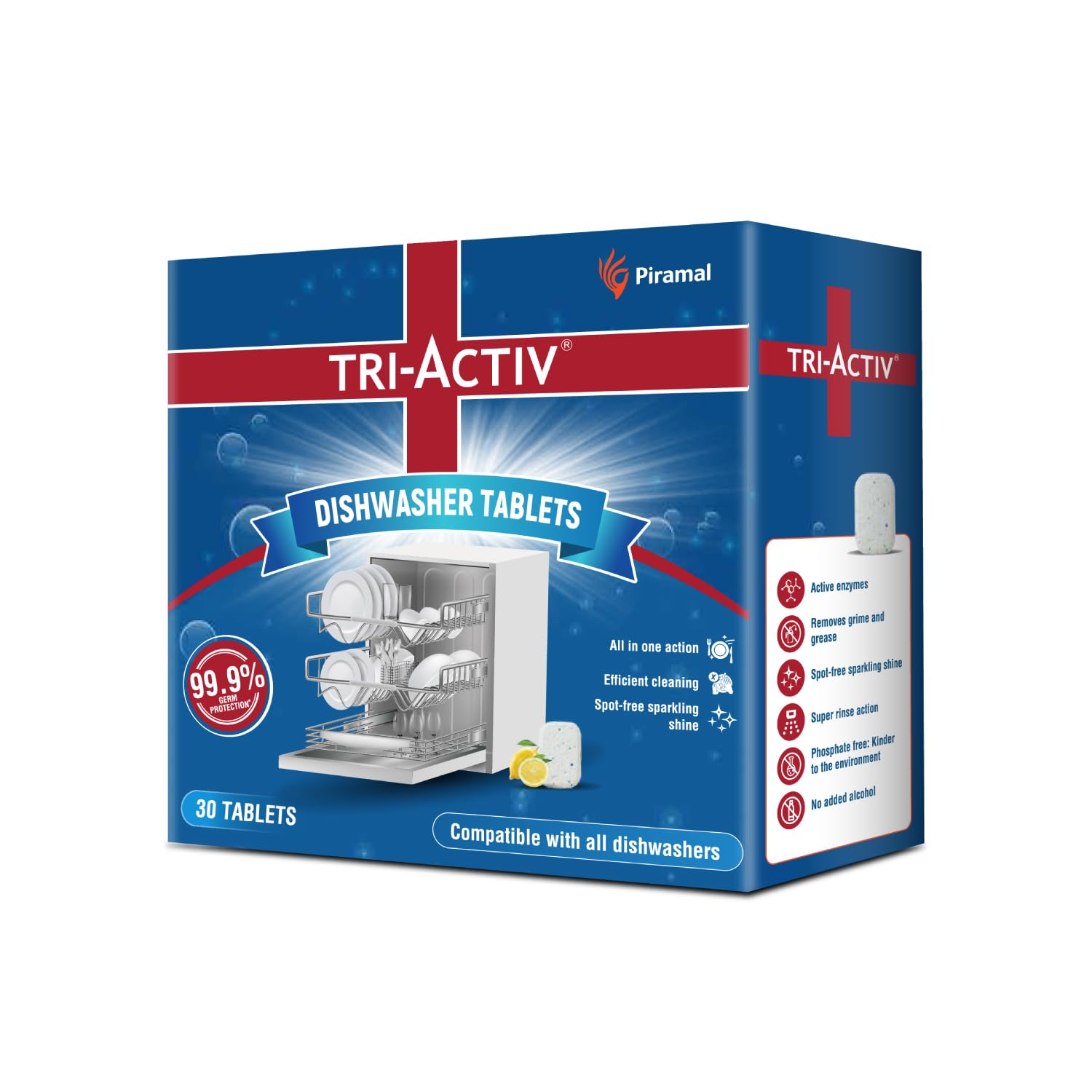 All-in-One Dishwasher Tablet by Piramal I 30 Units I Lemon Fragrance I 99.9% Germ Protection I Benefits of Detergent Powder + Rinse Aid + Salt I Removes tough grime and grease (Pack of 1)