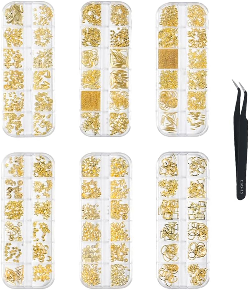 ネイルパーツ デコパーツ フレームパーツ ゴールドネイルパーツセット 歯車パーツ ギアパーツ 金属パーツ ネイルデザイン アクセサリー デコパーツ デコパーツ ネイル用品 星 四角 スクエア 三角 丸 長いケース付け 6本セット Split Distribution Fr