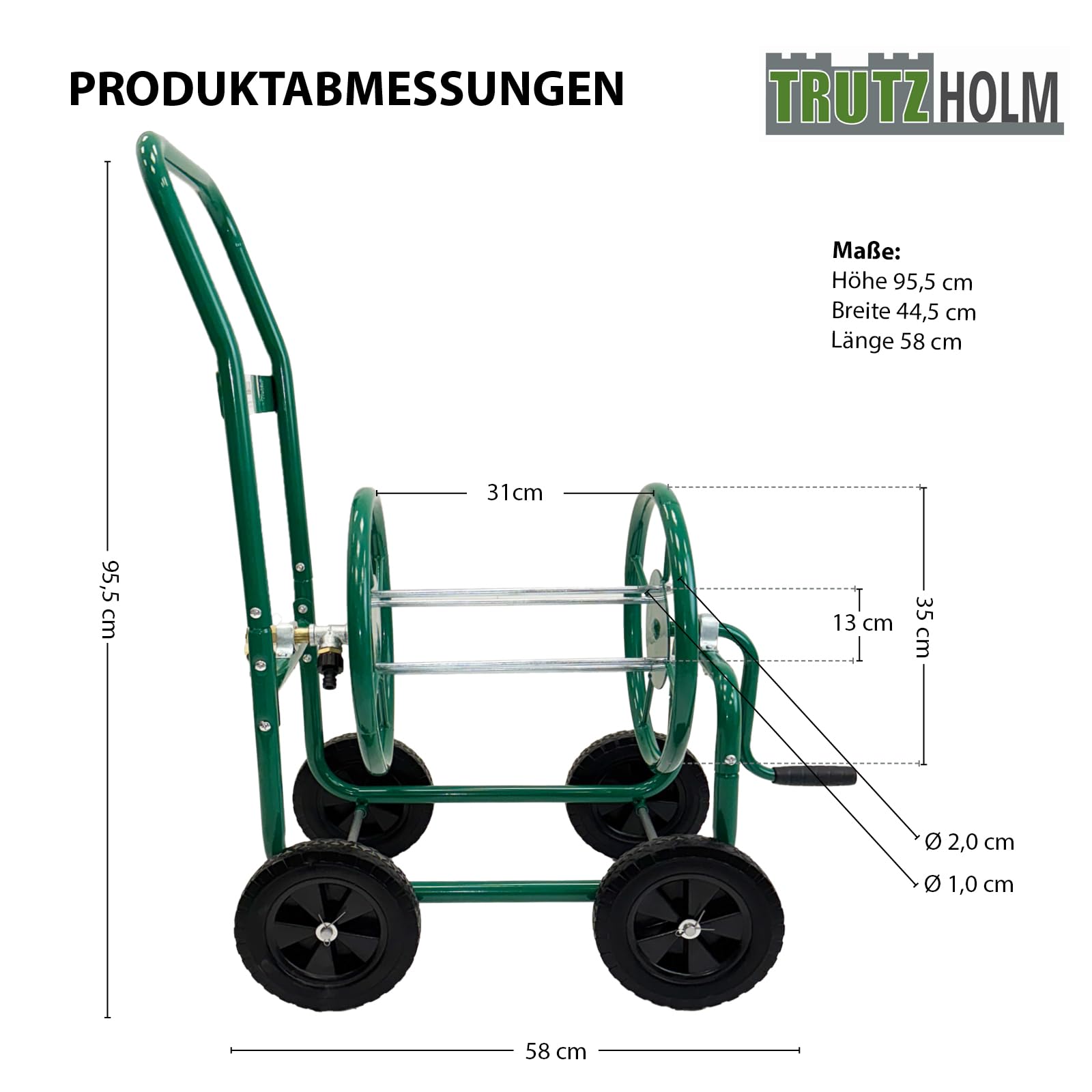 TRUTZHOLM Schlauchwagen Basic 4 Räder 95,5 x 58 cm Stahl, für 50 m Gartenschlauch 3/4" Anschluß grün