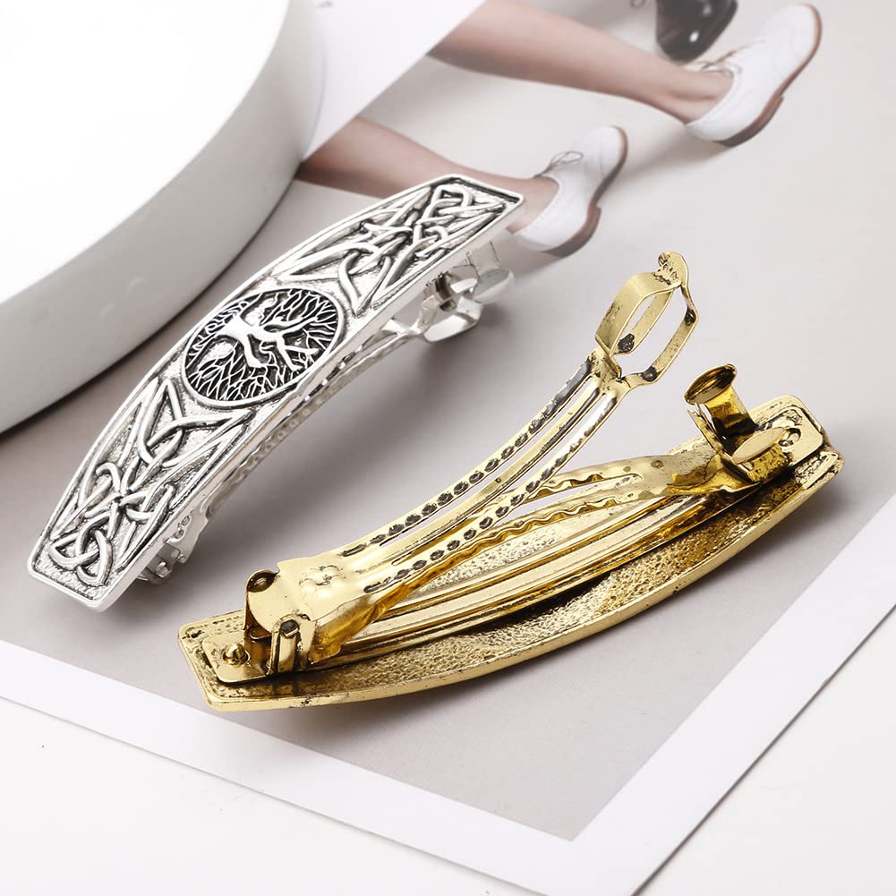 JKJF 2 Pcs Celtic Knot Barrette Vintage Hair Barrettes Metal French Hair Clips Engraved Headwear for Women Girls - Gold Silver Style 1: Tree of life #4
