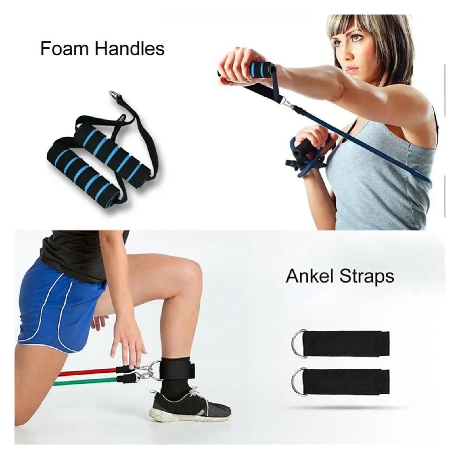 11-teiliges Fitness-Widerstandsband-Set mit Türanker, Knöchelriemen, gepolsterten Handeln und Tragetasche, Trainingsbänder für Heimtraining, Physikalische Therapie, Muskeltoning