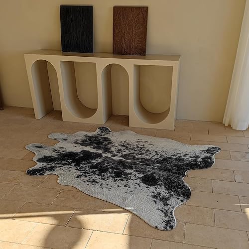 Miniatura 3 de rugoo Alfombra de piel sintética de vaca blanca y negra, 4.7 x 5.9 pies, alfombra de piel sintética de animal para sala de estar, dormitorio,