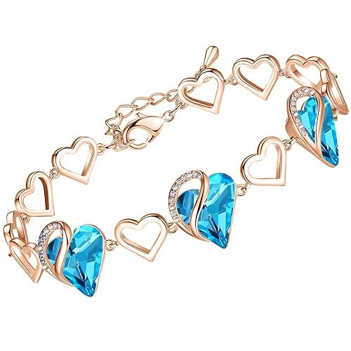 Leafael 18K Rose Gold Plated Love Heart Link Bracelet with Healing Stone Crystal, Jewellery Gifts for Women, 7" Chain + 2" Extender - 32 - December - Turquoise Aquamarine Blue