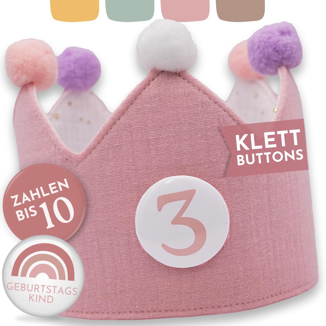 BJORKI Geburtstagskrone Mädchen & Junge aus Musselin – Sicher mit Klettbuttons – Wendbare Krone Geburtstag mit Zahlen 1-10 – DIY Spaß – Ritual für den Kindergeburtstag (Blush)