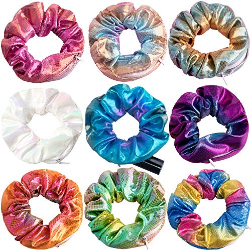 9 Pcs Scrunchies with Hidden Zipper Pocket Shiny Metallic Colorful Elastic Zipper Scrunchies Hair Ties Hair Bands Ponytail Holder for Women Magic Accessories Set Stash Keys,Coin,Small Items