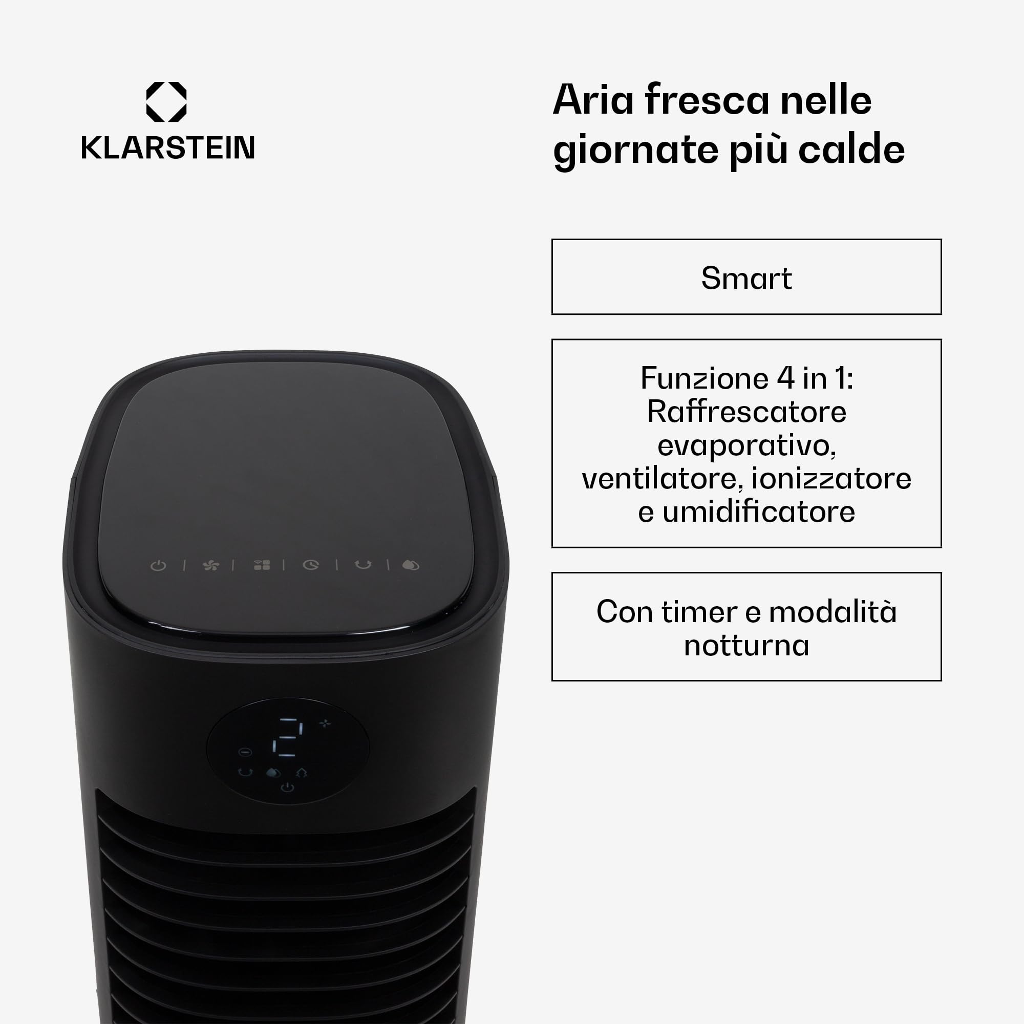 Klarstein Condizionatore Portatile Senza Tubo 80W, 5in1, Umidificatore, Climatizzatore Portatile Silenzioso con Night Mode, Ionizzatore, Ventilatore Aria Fredda, Raffrescatore 462m³/h, Serbatoio 8L