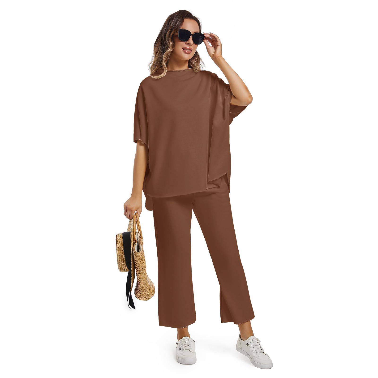 Vestito da donna in due pezzi, maniche a 3/4, capelet, girocollo, maglione, top, gamba larga, pantaloni, set lounge