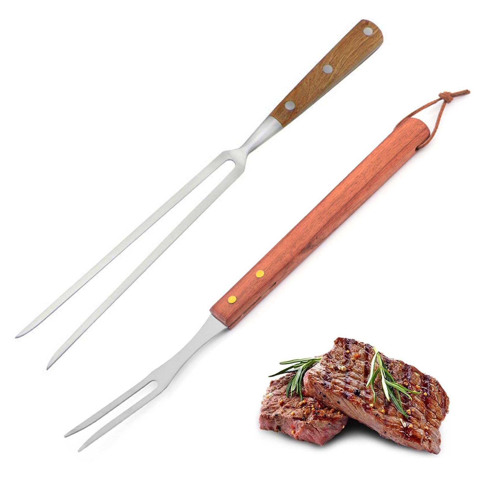 2 Piezas Tenedor para Carne, Tenedor Trinchador en Acero Inoxidable, Mango de Madera, Cuchillo Carnicero para Deshuesar, Tenedor para Trinchar, Tenedor de Parrilla Barbacoa (33.3cm/38.2cm)