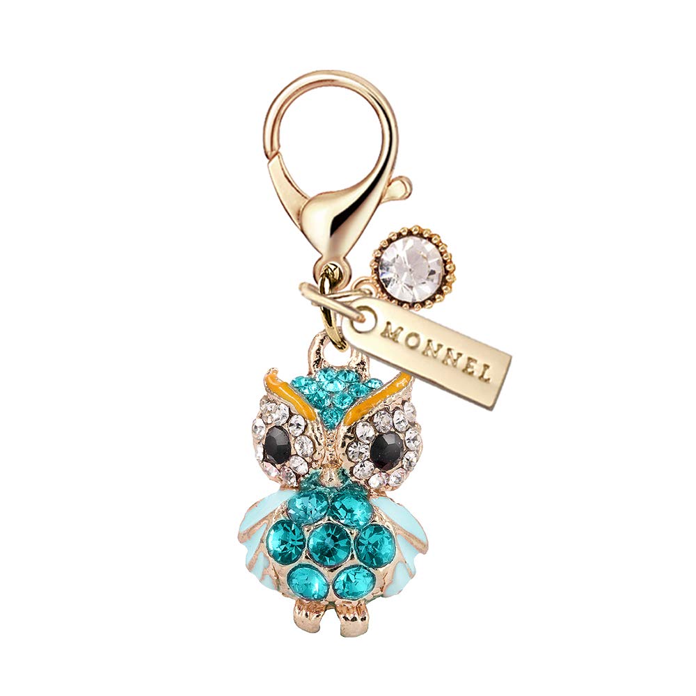 MC155 Adorable 3D Crystal Owl Lobster Clasp Charm Pendant with Velvet Bag (Blue,1 piece)
