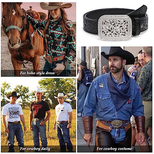 XZQTIVE Women Men Western Belt Vintage Country Belts For Cowgirl Cowboys Genuine Leather Belt with Silver Diamond Buckle4