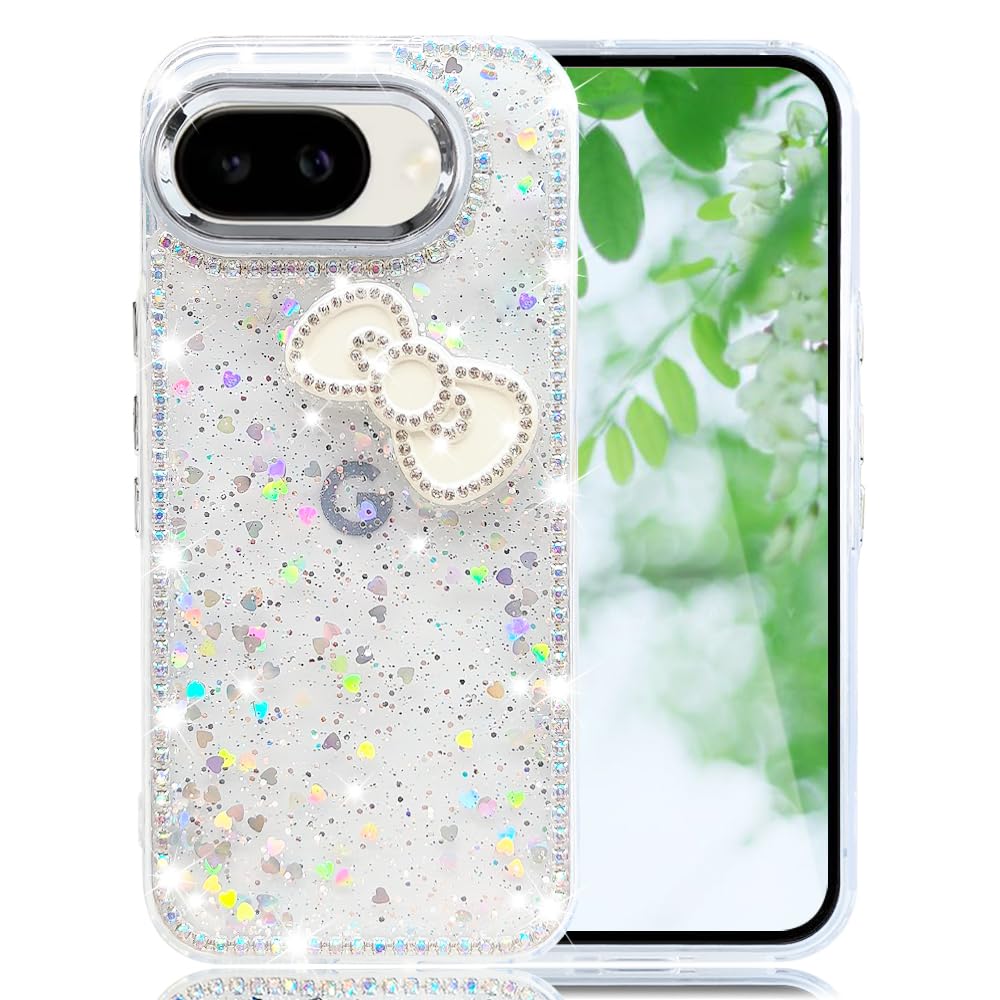 YUYIB スマホケース 対応 Google Pixel 10a クリアケース 透明 キラキラ ドリル フラッシュ リボン ハート かわいい TPU 傷防止背面 滑り止め 衝撃吸収 おもしろい キャラクター ストラップ穴 グルピクセル10a 携帯電話カバー (ホワイト, Pixel 10a)