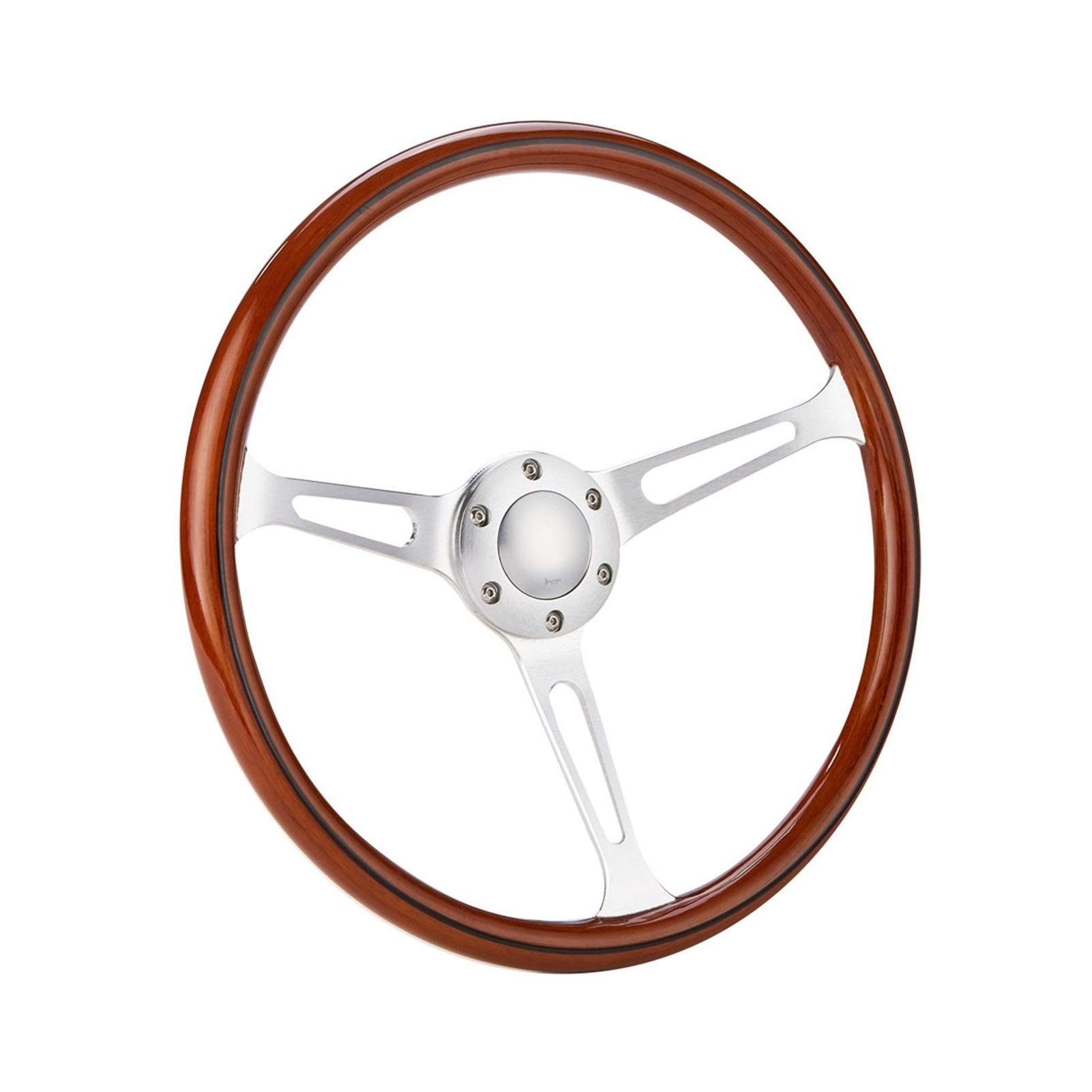Universal 380mm 15" Classic Wooden Steering Wheel Chrome Silver Spoke Vintage Wood Grain Lawn Mower Idler Pulley(With black line)