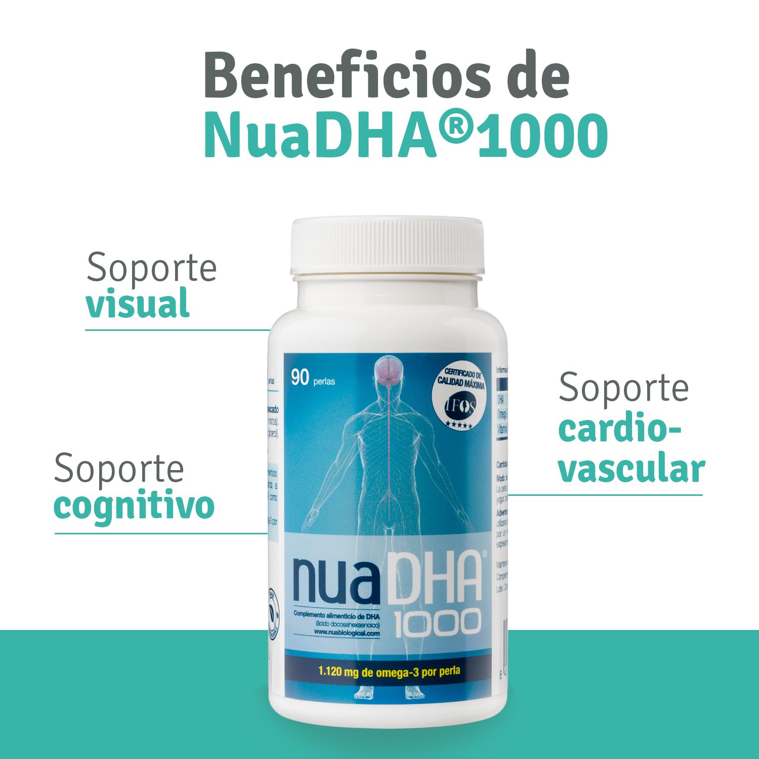 Nua Biological NuaDHA®1000 – Omega 3 100% DHA – 90 Perlas (3 Meses) – 1000 mg DHA por Perla – Forma Triglicérido – Alta Concentración – Sin Grasas Vacías