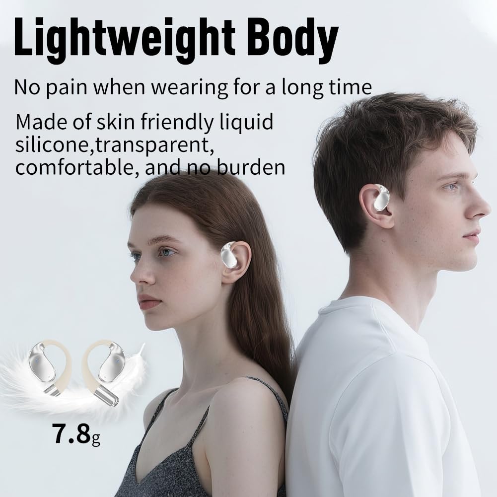 Caijin Auricolari Sportivi Bluetooth Wireless con Tecnologia Bluetooth 5.4, Design con Gancio Aperto, Bassi Potenti, Riduzione del Rumore ENC, Impermeabilità IP54, 60 Ore di Riproduzione (Bianco)