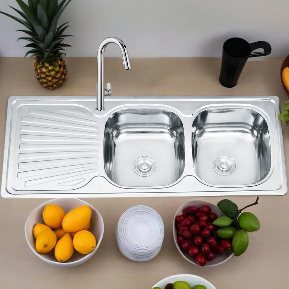 Melko 120cm stockage double évier intégré dans l'évier de cuisine en acier inoxydable 2 vasques