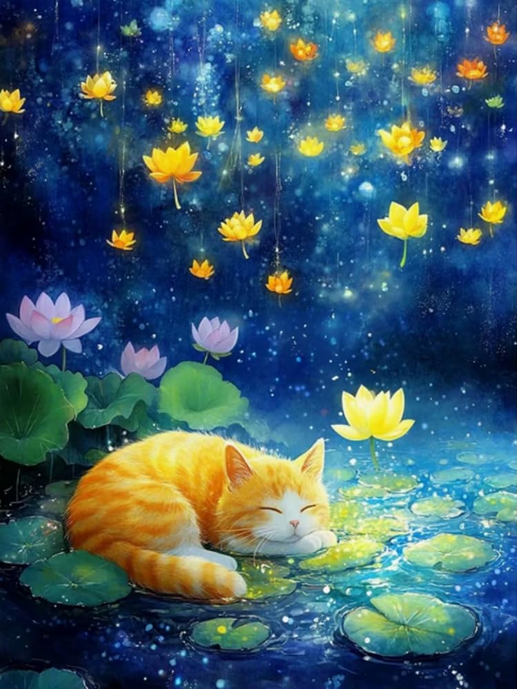 Renqidian 5D Adults Diamond Painting Kits Lotus and Cat Round Crystal Rhinestone Painting by Numbers Diamonds Arts Craft Living Room Decor 40x50 cm