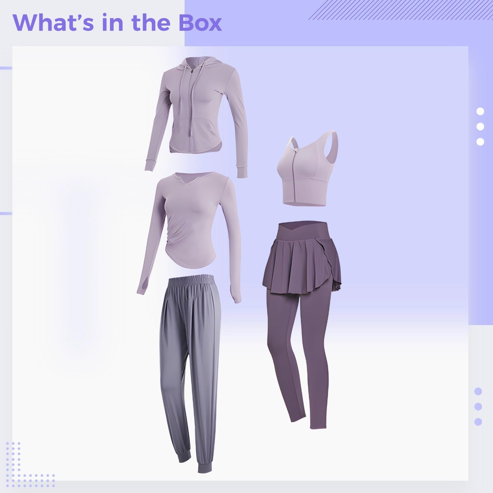 Conjunto de 5 piezas de yoga y entrenamiento para mujer, camiseta atlética de manga larga, pantalones deportivos de cintura alta con falda, tela transpirable que absorbe la humedad, ideal para fitness