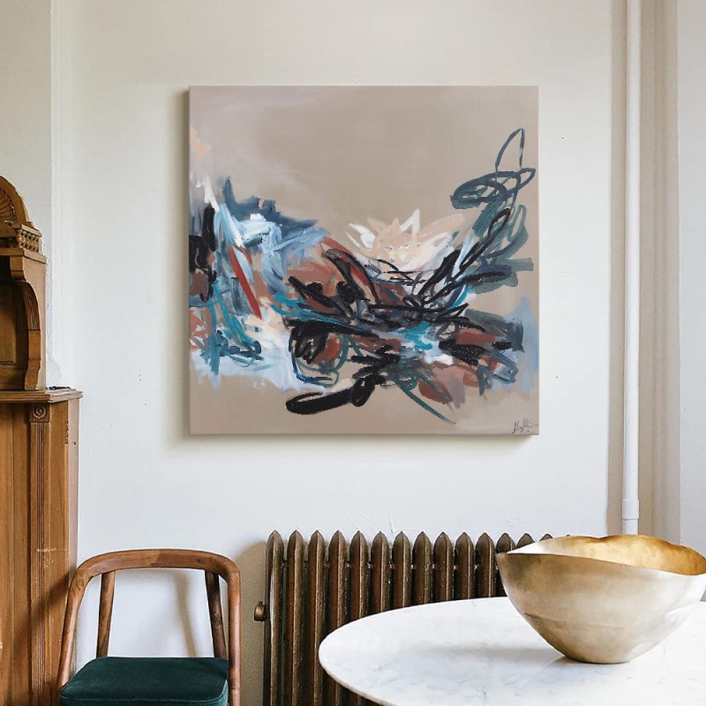 Peinture à l'huile sur toile art abstrait coloré lignes déco murale vintage