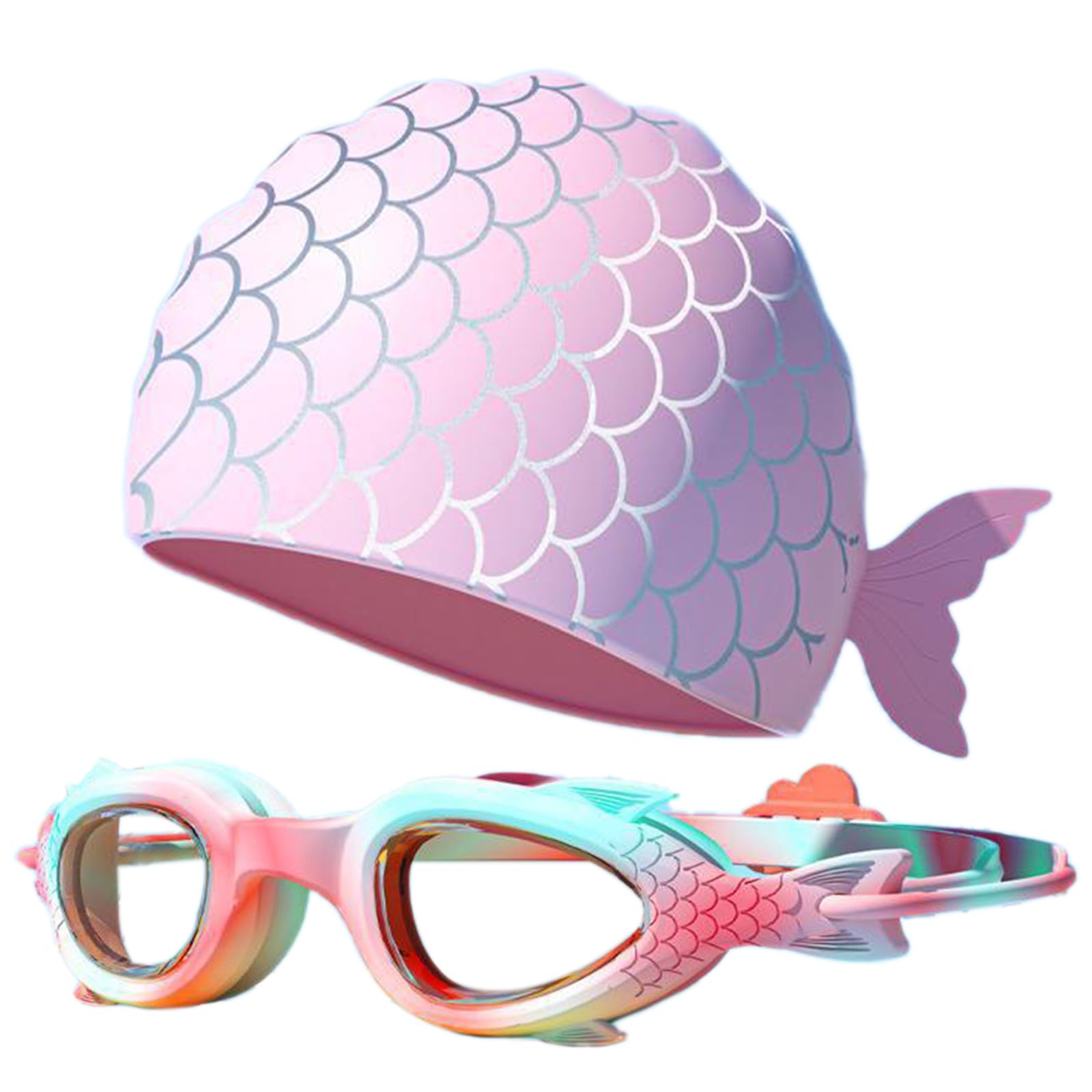 Kids Swimming Goggles and Cap Set Mermaid Swim Goggles Anti Fog No Leak Pool Goggles Silicone Swimming Hat Adjustable Sea Swimming Accessories for Kids Boys Girl Age 3-12 (Pink)