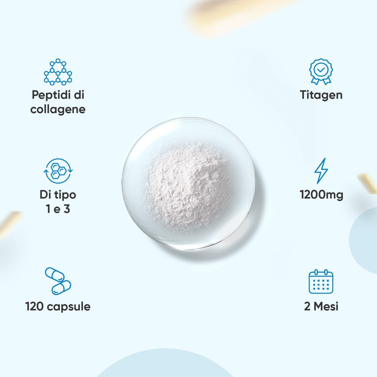 Collagene Marino Idrolizzato da 1200mg, 100% Puro, in 120 Capsule, Peptidi di Collagene Idrolizzato di Tipo 1 e 3 Titagen (2 Mesi di Fornitura), Privo di Magnesio Stearato e Senza Glutine né Additivi