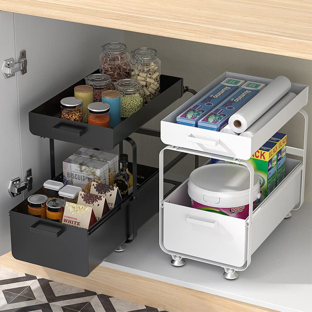 HUOLE Organizer Sottolavello Portaoggetti con Cestelli Scorrevoli Estraibili, Per l'interno di Pensili,Armadi,Scaffali,Piani lavoro,Scrivanie.Per Casa,Ufficio,Bagno,Cucina-40 * 25,5 * 39,5 cm-bianco