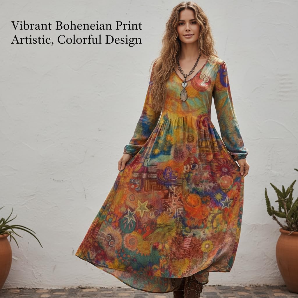 Women's Boho Long Sleeve V-Neck Maxi Dress, Floral Vintage Printed Loose Flowy Long Dress for Daily/Festival Wear - Image 4