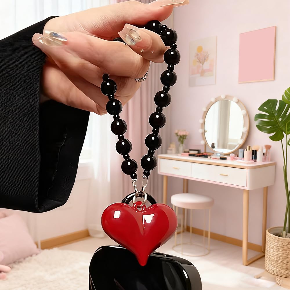 Red Heart Phone Charm Strap Black Beaded Phone Lanyard Cute Bag Charms for Handbags Cellphone Chain Wristlet Heart Bag Charm Purse Keychain for Women Cellphone Keychain Beaded Camera Wrist Strap — view 4