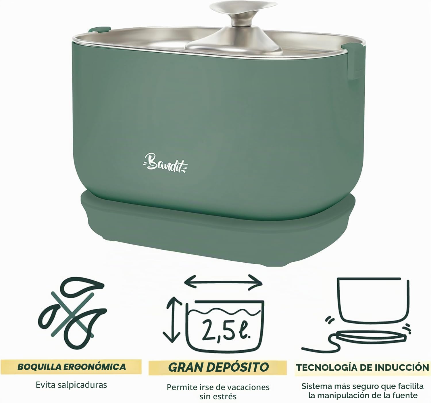 Bandit - Fuente de agua con cable para gatos 2,5L - Filtración de 4 etapas - Ultra silenciosa inferior a 30dB - Acero inoxidable - Bandeja y boquilla compatibles con lavavajillas - Verde