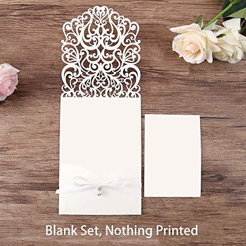 DreamBuilt 5X7.2 Inch 50PCS Blank Laser Cut White Wedding Invitations With Rsvp Cards And Envelopes And Ribbon Belly Band Pearl Embellishments Wedding Invitation Cards For Wedding Invite