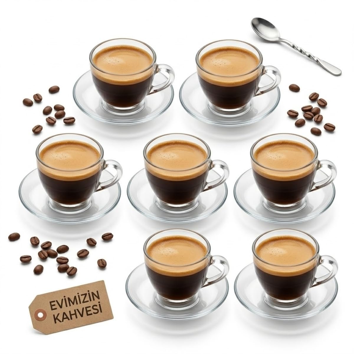 6 Kişilik Şeffaf Cam Kahve Fincan Takımı - 12 Parça Modern Espresso ve Türk Kahvesi Seti - Isıya Dayanıklı Cam Fincan ve Tabak Seti