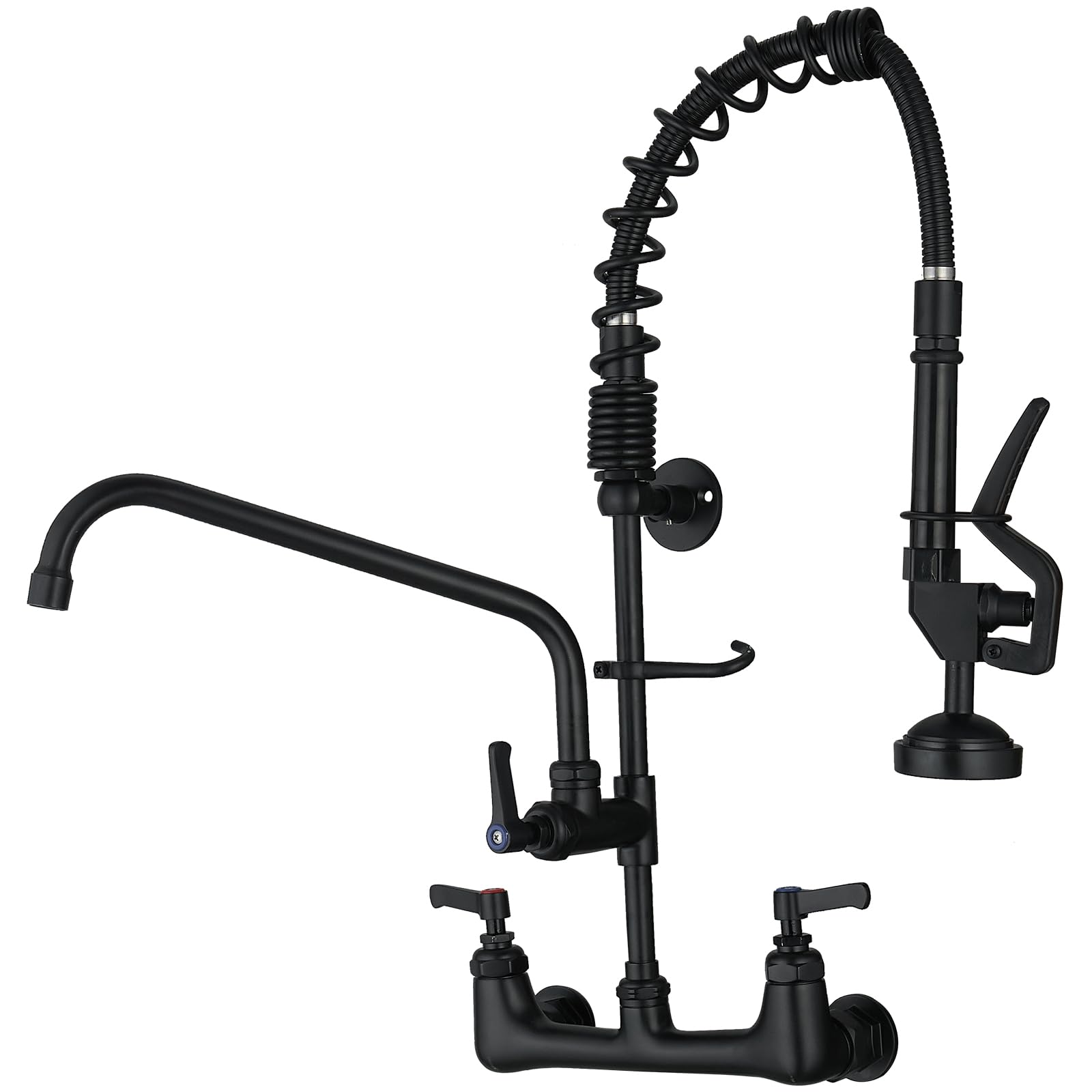 BWE Matte Black Wall Mount Kitchen Sink Faucet with Sprayer 20" Height Commercial Faucet with Pre-Rinse Sprayer 8" Adjustable Center for Restaurant Industrial