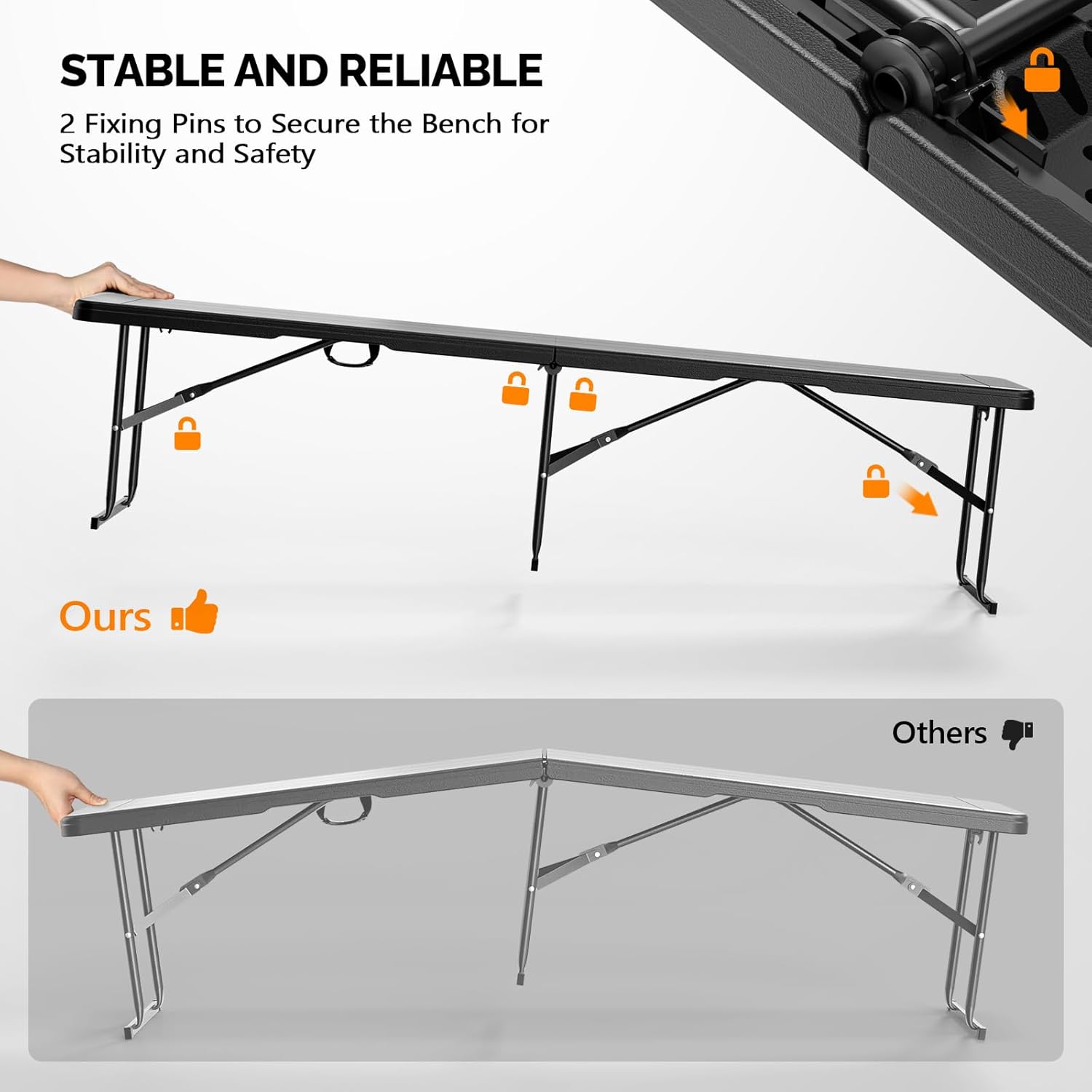 Bonnlo 6 FT Plastic Folding Bench with Handle, Sturdy Metal Frame, Perfect for Indoor/Outdoor Party, Picnic, Camping, Restaurant, Dinning Room, Cafe, Wedding and Commercial Events (Black)
