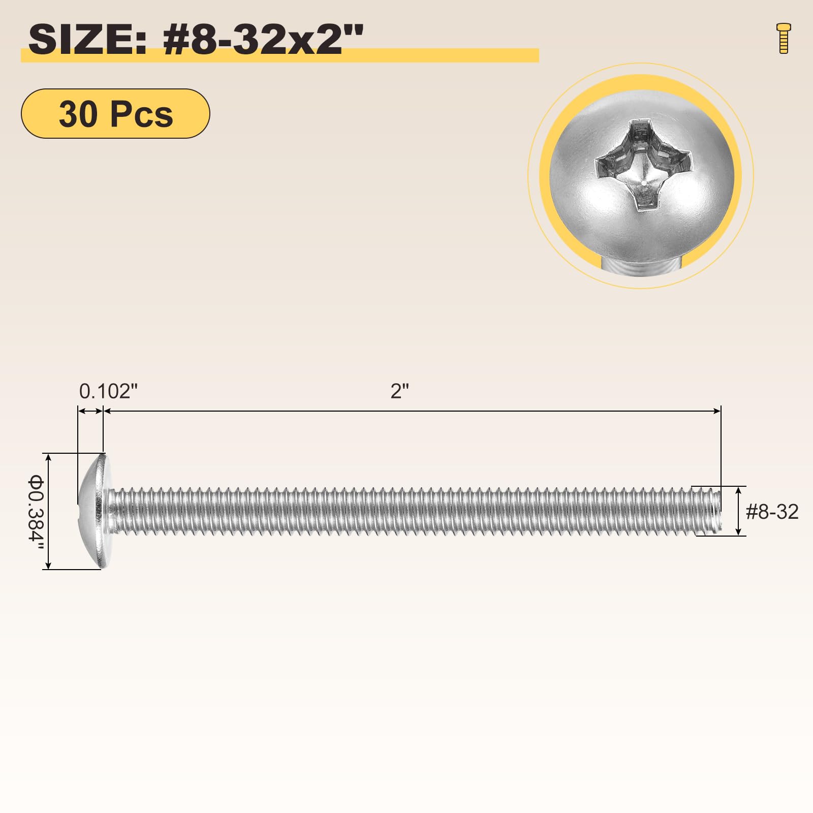 METALLIXITY Machine Screws Phillips Head(#8-32x2") 30Pcs, 304 Stainless Steel Round Head Phillips Drive Furniture Bolts - Image 2