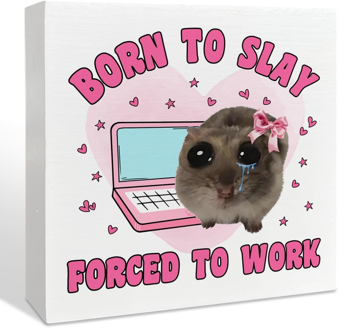 Born to Slay Forced to Work Pink Funny Sad Hamster Wood Box Office Desk Decor Sign, Funny Pink Work Gifts for Coworkers Colleagues Friends Women, Sad Hamster Office Desk Accessories Decor for Women