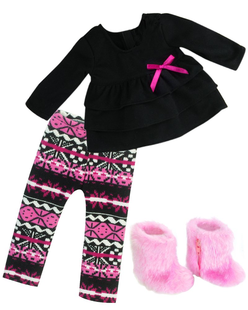 Sophia's Mix & Match Ikat Print Knit Leggings, Long-Sleeved Ruffle Top, & Fuzzy Boots Complete Outfit Set for 18” Dolls, Hot Pink/Black