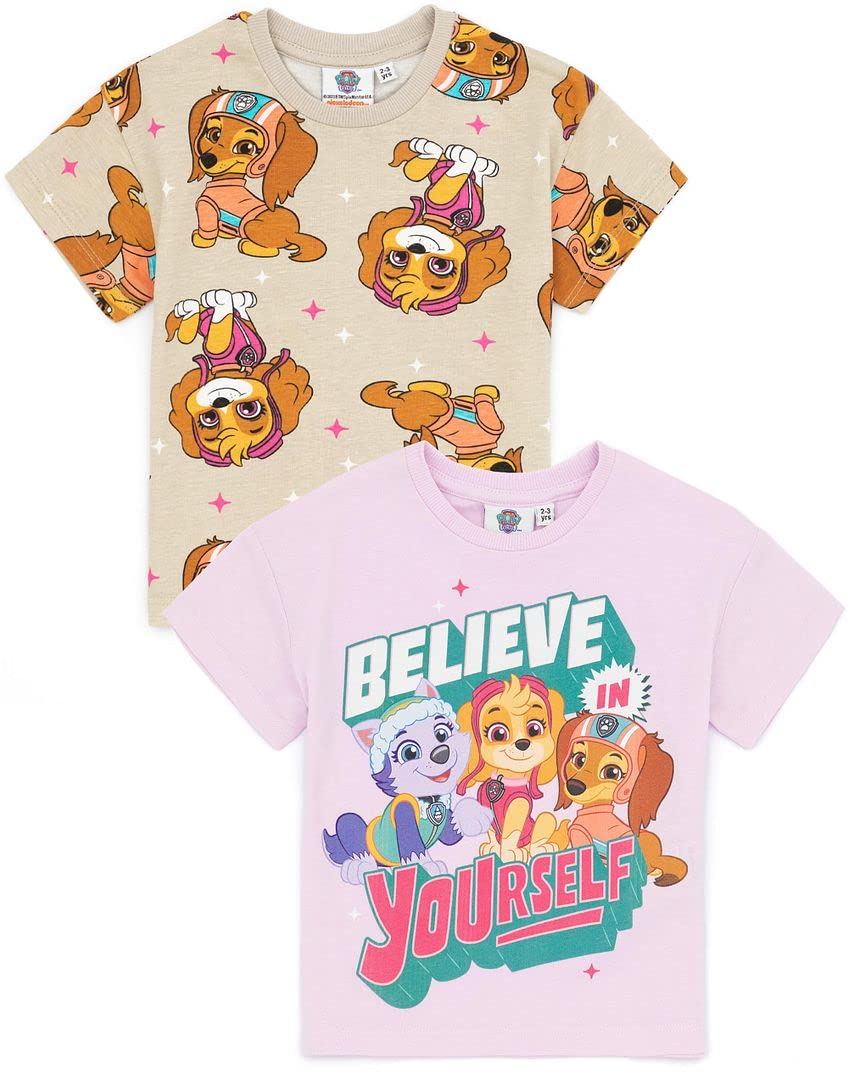 Paw Patrol Girls 2 Pack T-Shirt | Beige Purple Rescue Pups Liberty Skye Everest | Animated Animal TV Series Merchandise