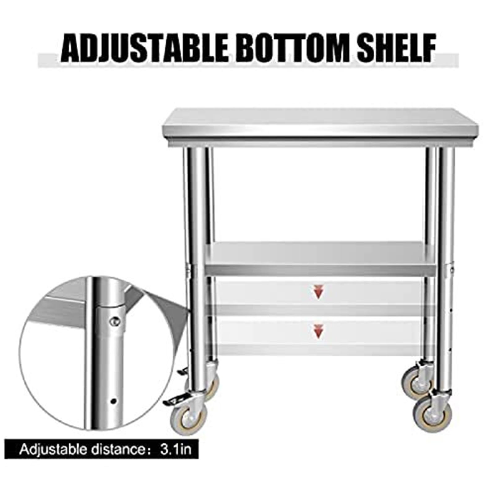 Tavolo da lavoro portatile multifunzione in acciaio inox con ruote bloccabili e ripiano inferiore, 61 x 30,5 cm, tavolo da cucina/pranzo per chef domestici e intrattenimento, design salvaspazio