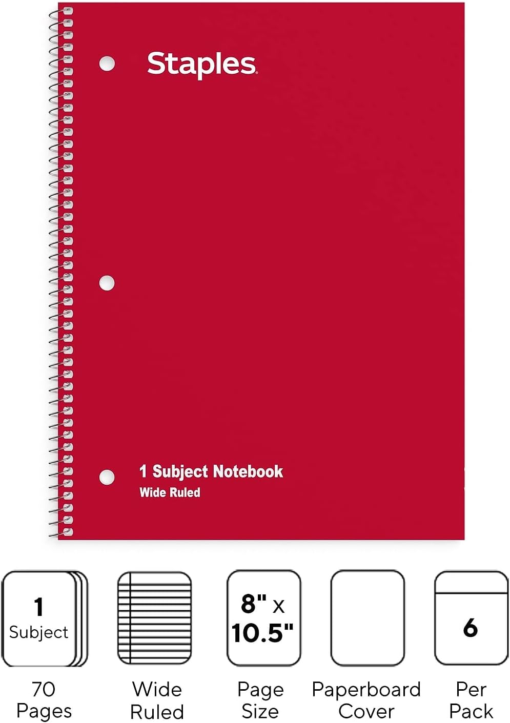 STAPLES 1‑Subject Spiral Notebook, Wide Ruled, 70 Sheets, Assorted Colors, 6‑Pack