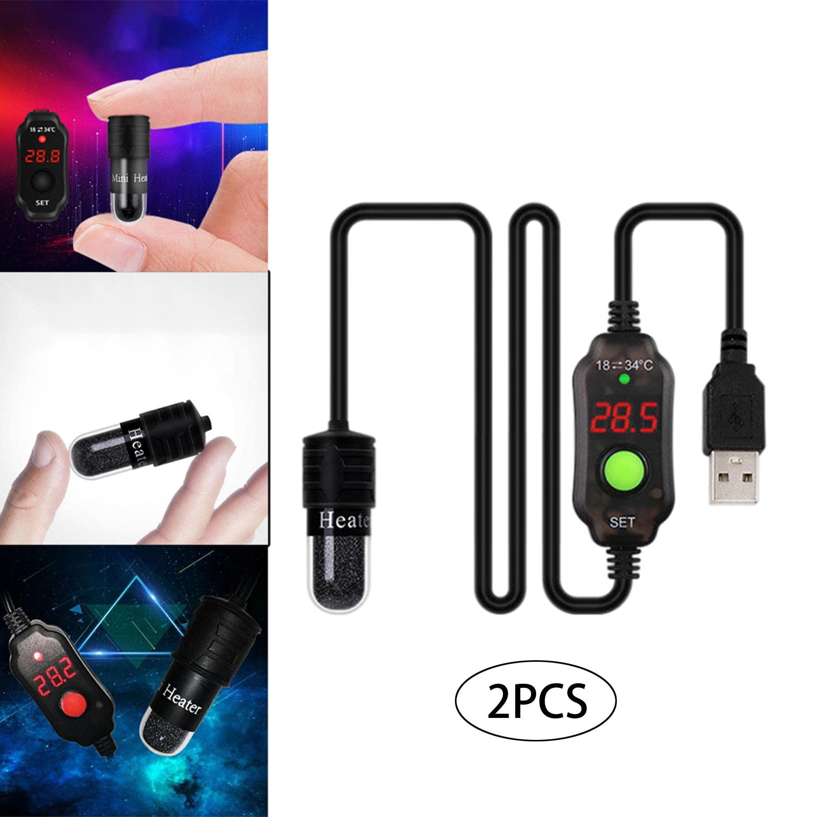 Milageto 2X Calentador de Acuario Varilla de Termostato Sumergible Mini USB Control de Temperatura Ajustable Protección de Nichrome Adecuado para Peceras Mini