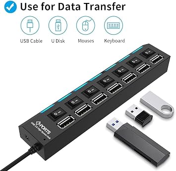 Multi Port Splitter, 7 Port USB 2.0 Hub, USB A Port Data Hub with Independent On/Off Switch and LED Indicators, Lights for Laptop, PC, Computer, Mobile HDD, Flash Drive for All USB Device
